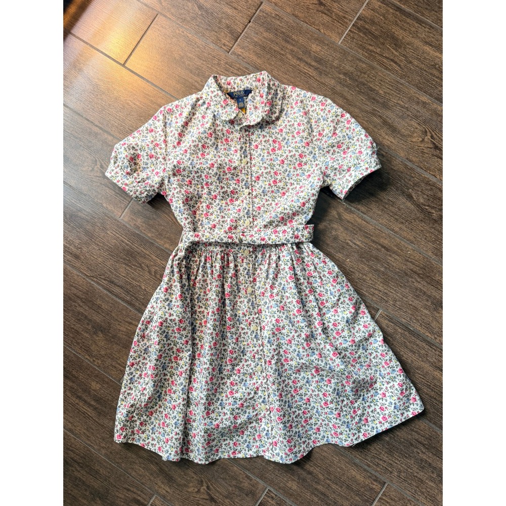 Polo Ralph Lauren Girls Belted Floral Cotton Oxford Dress Size 14